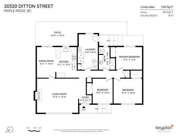 Supplied floor plan showing three bedrooms, kitchen, dining room, living room and patio