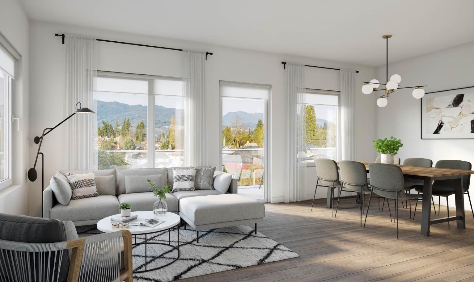 Port & Mill living and dining space shown in StreetSide Developments project imagery