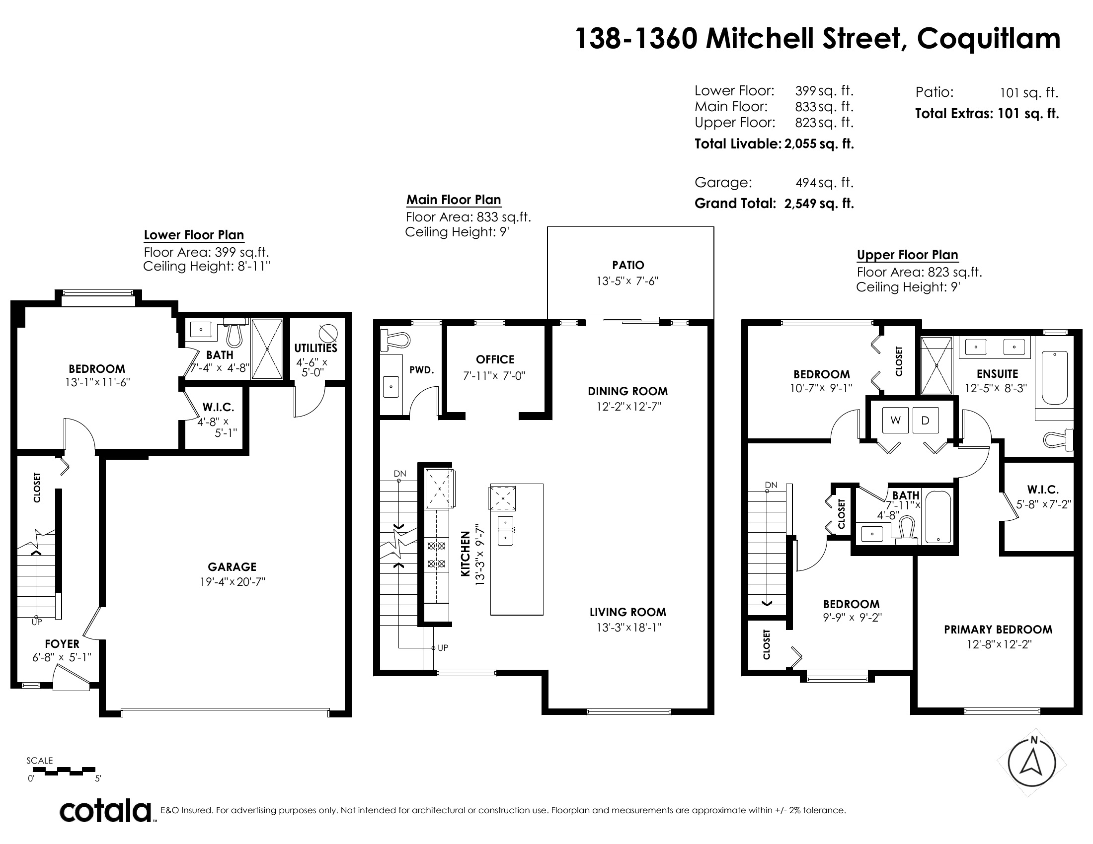 Three-level floor plan for 138–1360 Mitchell Street in Ballantree North