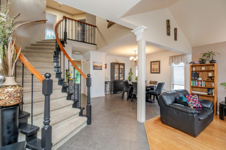 Living room and staircase in the Aldergrove home
