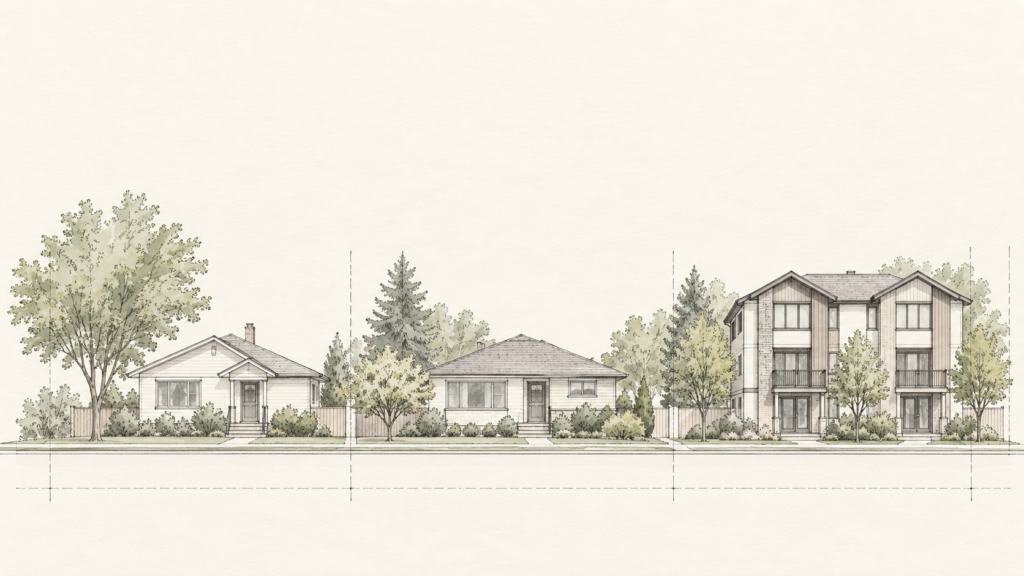 Detached homes and transit-oriented housing illustrating Fleetwood development potential in Surrey, BC