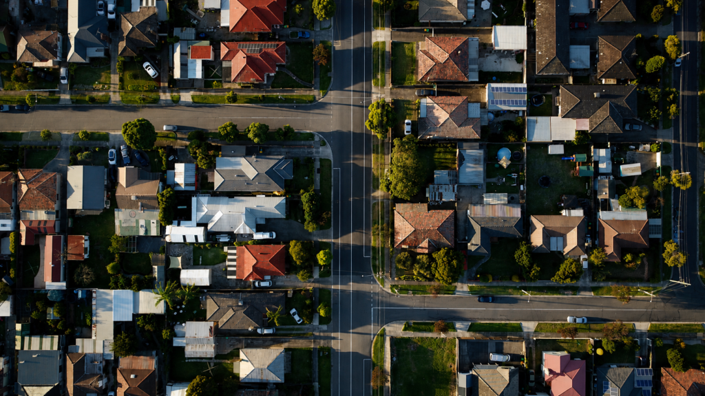 Aerial view of a residential neighbourhood used to illustrate property and neighbourhood research